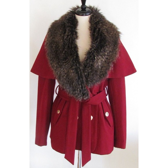 Steve Madden Burgundy Wool Capelet with Faux Fur Collar Double Breasted Coat L